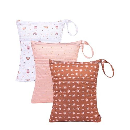 babygoal Wet Dry Bags for Baby Cloth Diapers, Washable Travel Bags, Beach, Pool, Gym Bag for Swimsuits & Wet Clothes with Two Zippered Pockets 3 Pack, 3LN16