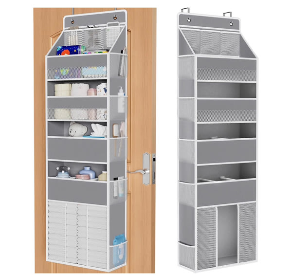 WISELIFE 5-Tier Over the Door Organizer for Hanging - 50LB Heavy-Duty Back of Door Organizer with 5 Spacious Pockets & 13 Mesh Pockets, Multipurpose Storage for Nursery, Bedroom, Closet(1 Pack, Gray)