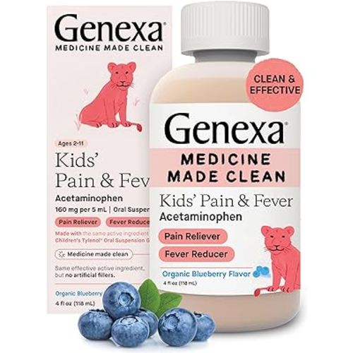 Genexa Children's Acetaminophen Pain and Fever Reducer | 160 mg per 5mL | Made with Delicious Organic Blueberry Flavor | 4 Fluid Ounces