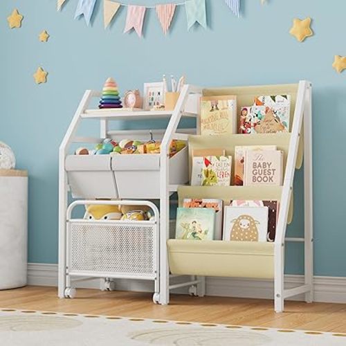 3-Tier Kids Bookshelf and Toy Organizer, Toy Storage Cabinet with Movable Drawer, Montessori Baby Toddler Book Shelf with 2 Toy Bins for Playroom, Bedroom, Nursery (White,Style 3)
