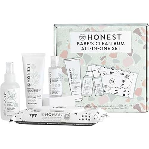 The Honest Company Babe's First Mess Gift Set | Fragrance Free Newborn Essentials | 99% Water Wipes, All Purpose Balm, Bottom Wash, Baby Detergent