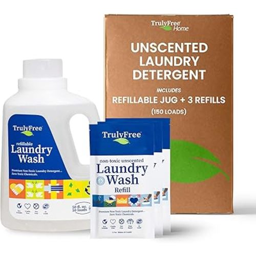 Laundry Wash Detergent for Sensitive Skin, Gentle & Safe for Baby Clothes | Plant-Based, Natural Ingredients | Unscented | Include 1 Refillable Bottle (150 Loads)