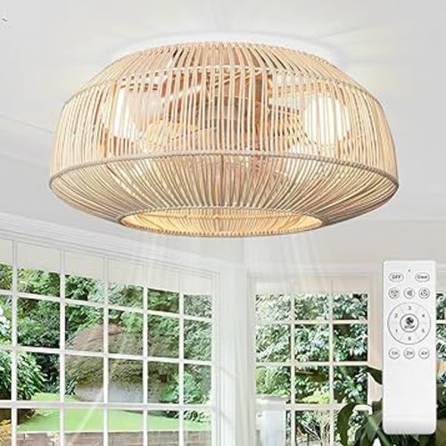 Boho Fandelier, 20" Rattan Caged Ceiling Fan with Lights & Remote Control Kit, Flush Mount Fan Chandelier, Bladeless/Low Profile/6-speed/Quiet Motor for Living Room Bedroom Kitchen Hallway