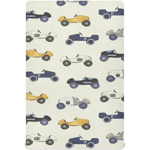 Vintage Race Cars Soft and Breathable Crib Sheets and Playard Sheet for Baby Boys and Girls, Fitted Toddler Standard Bed Mattress, Machine Washable 52 x 28 Inches