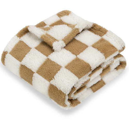 Luxurious 3D Checkerboard Grid Fleece Baby Blanket, Warm and Cozy Flannel Gift for Toddlers (Khaki, 30 x 40 Inches)