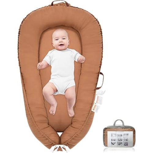 Baby Lounger for Newborn,Infant Lounger Baby Nest Cover for Babys,100% Cotton Breathable & Soft Baby Lounger Newborn Essentials for Baby 0-12 Months,Co Sleeper for Baby in Bed (Brown)