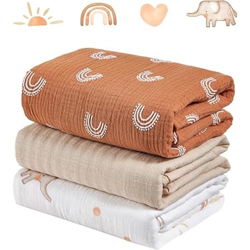 100% Cotton Muslin Swaddle Blankets, 3-Pack 47x47 Inches – Soft Baby Receiving Blankets for Newborns, Breathable Natural Cotton for Sensitive Skin (Rainbow Elephant Safari)