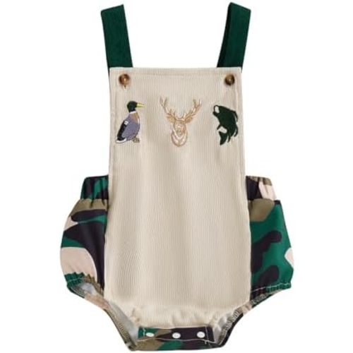 Newborn Baby Boy Hunting Clothes Deer Duck Embroidery Sleeveless Suspender Romper Hunter Green Outfit Summer Clothes