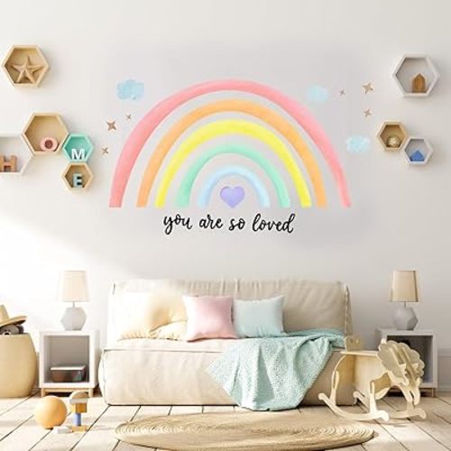 Containlol 30 x 14 Inch Rainbow Wall Decal Pastel Large Heart Wall Stickers Decor Peel and Stick, Boho Wallpaper Decor for Girls Kids Bedroom Nursery Playroom(Light Color,Lively)