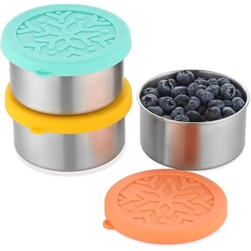 Stainless Steel Snack Containers for Kids Salad Dressing Container To Go Small Snack Box with Silicone Lids Easy Open LeakProof Reusable Metal Toddler Lunch Box for School