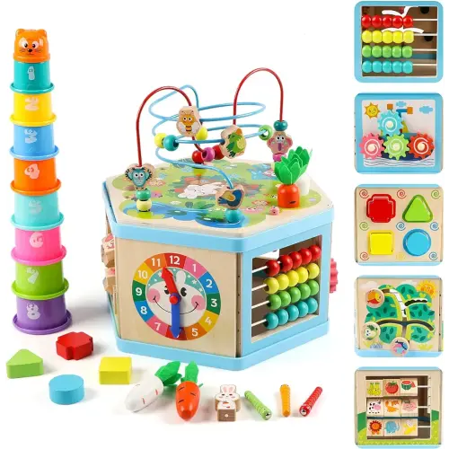 Wooden Activity Cube for 1 Year Old Kids, Educational Learning Bead Maze for Toddler Age 1-3, Developmental Montessori Toys for 12-36 Months Boys Girls Gift