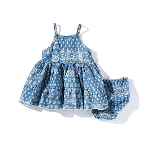 Wrangler® Baby Girls Sleeveless Mixed-Printed Denim Tiered Dress