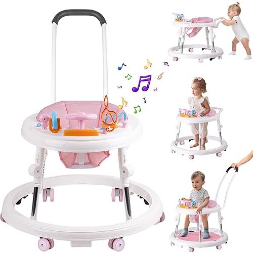 Baby Walker, Activity Center with Feeding Tray & Music, 9-Gear Height Adjustable Foldable Baby Walker for Boys and Girls from 6-18 Months with Push Handle, Footrest, Mute Wheels Anti-Rollover