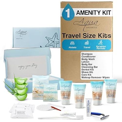 1-Shoppe Aqua Organics Amenity & Accessory Kit | 1 oz Shampoo, Conditioner, Lotion, Body Wash, Body Bar, Cleansing Bar, Shave & Dental Sets, Make-Up Wipes, Vanity Kit | 1 Set