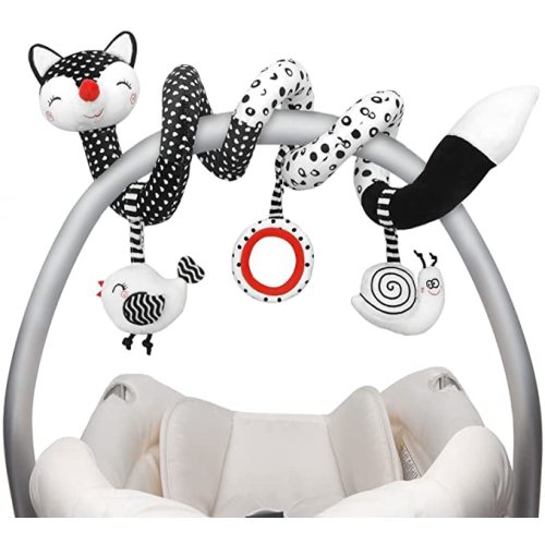 Euyecety Baby Spiral Plush Toys, Black White Stroller Toy Stretch & Spiral Activity Toy Car Seat Toys, Hanging Rattle Toys for Crib Mobile, Newborn Sensory Toy Best Gift for 0 3 6 9 12 Months Baby-Fox
