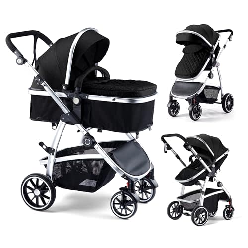 Hagaday Baby Stroller, 2-in-1 Convertible Stroller with Bassinet Mode, Foldable Infant Stroller with Canopy, One Button Brake, Adjustable Handle, Newborn Stroller(Black)