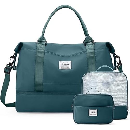 Weekender Bags for Women,Travel Duffle Overnight Bag with Shoe Compartment,Personal Item Carry On Bag,Peacock Blue,Extra Large,3 Pcs Set