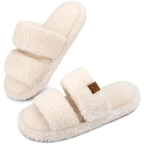 FamilyFairy Open Toe Slippers for Women Adjustable Memory Foam House Shoes Faux Fur Fuzzy Slide Sandals Non Slip Washable