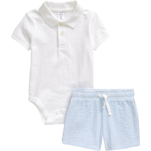 Baby Cotton Polo Bodysuit & Shorts Set, White- Blue Airy Stripe