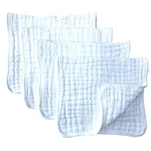 Synrroe Muslin Burp Cloths 4 Pack Large 20" by 10" 100% Cotton 6 Layers Extra Absorbent and Soft - White
