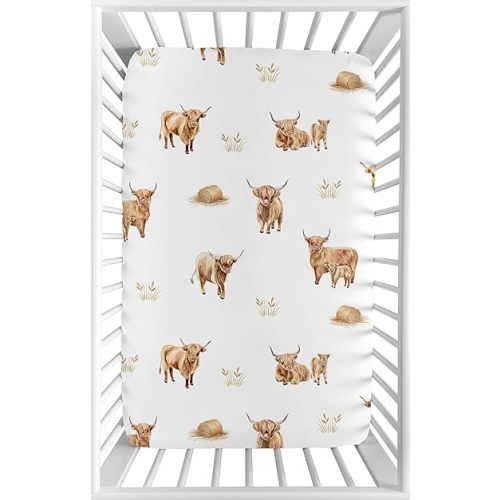 Sweet Jojo Designs Baby Fitted Mini Crib Sheet (Boho Highland Cow) for Girls or Boys, Newborn/Infant Nursery, Play Yards, Portable Cribs (Farm Animal, Bohemian, Watercolor, Rustic Farmhouse, Modern)