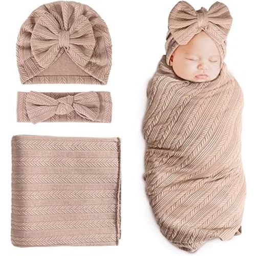 DRESHOW BQUBO Newborn Receiving Blanket Toddler Warm for Girls with Matching Bow Hat and Bow Headband Shower Gift