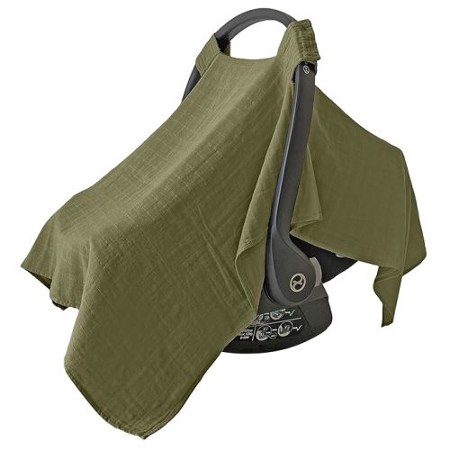 MOZAH 100% Organic Muslin Baby Car Seat Cover Muslin Carseat Canopy Baby Car Seat Covers for Boys (Olive Green)