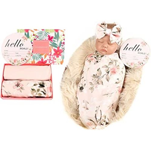 Galabloomer Receiving Blanket Headband Set Flower Print Baby Swaddle Blankets Vintage Rose