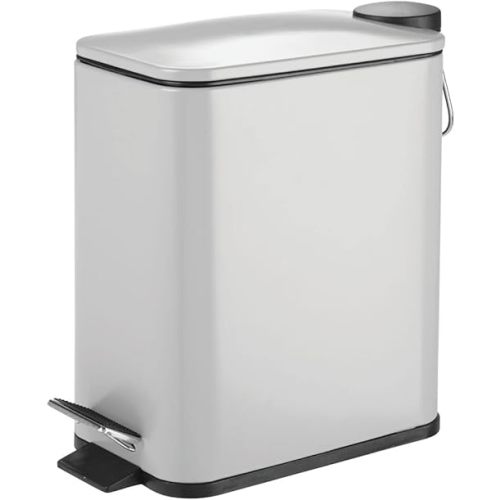 mDesign Slim Metal Rectangle 1.3 Gallon/5 Liter Trash Can with Step Pedal, Easy-Close Lid, Removable Liner - Narrow Wastebasket Garbage Container Bin for Bathroom, Bedroom, Kitchen - Matte Gray