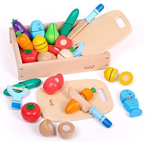 Dailyfunn Wooden Pretend Play Foods Set for Kids Kitchen Montessori Cutting Playset Toys with Storage Box