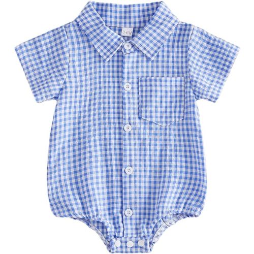 Baby Boy Plaid Romper Bubble Short Sleeve Button Down Shirt Cotton Linen Bodysuit Formal Top Summer Clothes 0-18M
