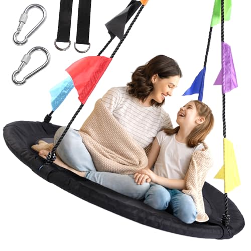 40 Inch Saucer Tree Swing for Kids, Outdoor Round Swing with Hanging Straps & Adjustable Ropes, Easy Assembly