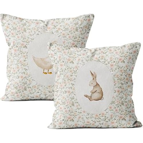 Vintage Floral Goose Bunny Pillow Covers 18x18 Set of 2, Girl Nursery Decor, Farmhouse Cottagecore Cute Animal Decorative Throw Pillow Covers Pillowcases for Home Room Bedroom Playroom
