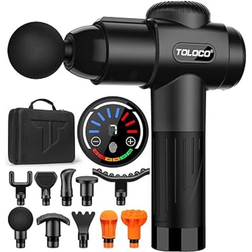 TOLOCO Massage Gun, Deep Tissue Back Massage for Athletes for Pain Relief, Percussion Massager with 10 Massages Heads & Silent Brushless Motor, Black