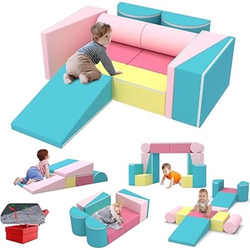 BIERUM Kids Couch, 12PCS Modular Kids Play Couch with Blanket, Color-Blocking Toddler Couch for Playroom, Convertible Kids Foam Climbing Play Set, Imaginative Creative Play Sofa for Boys & Girls