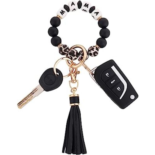 BAOSIWA Silicone Beaded Bracelet Keychain Wristlet Key Ring Bangle Chains for Women with Leather Tassel