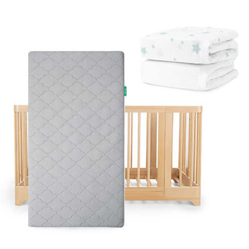 Nest Convertible Crib, Original Mattress, & Sheets - Natural / Grey / Stardust Moonstone Mist & White