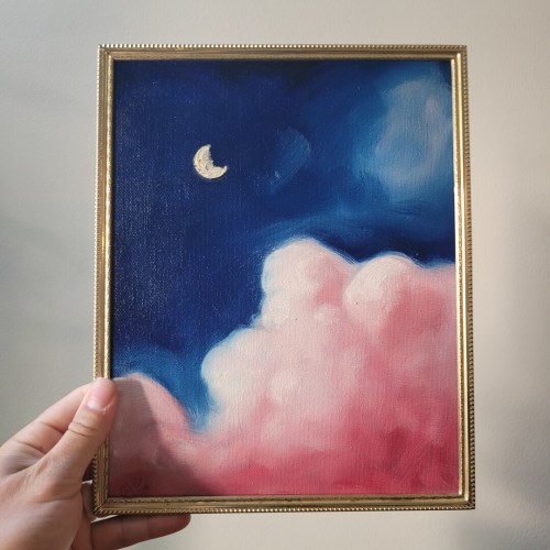 Pink Clouds } original framed oil painting, moon phase and clouds, vintage frame, gallery wall