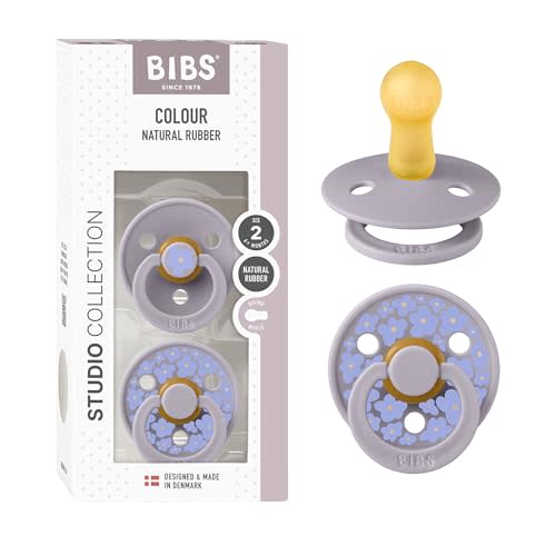BIBS Pacifiers - Colour Studio 2 Pack | Round Nipple Baby Pacifier | BPA Free Natural Rubber Latex Soother | Made in Denmark | Size 6+ Months | Jasmine Fossil Grey