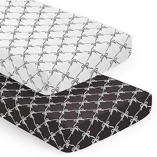Sweet Jojo Designs 2-Piece Baby Crib Sheets Set (Black and White Bows) for Girls, Infant Nursery, Toddler Room - Fitted, Standard Size (Bow for Shabby, Ballet, Dancer, Princess Ballerina Collection)