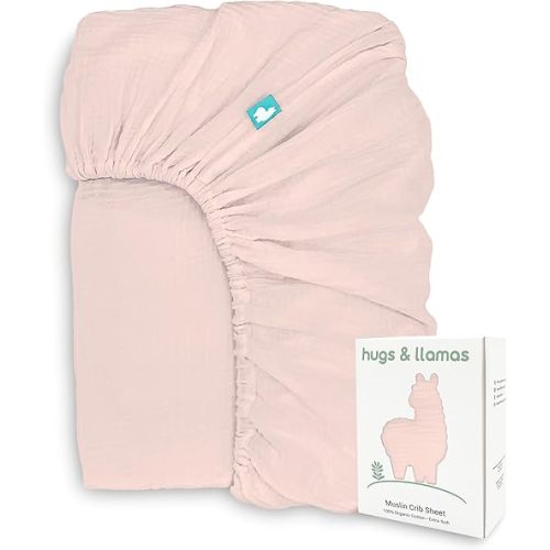 hugs & llamas | 100% Organic Cotton Muslin Fitted Crib Sheet | Baby Crib Sheets for Boys & Girls Crib Fitted Sheet | Organic Crib Sheets Girl & Boy Crib Sheets Neutral (Cotton Candy)