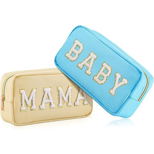 Sanwuta 2 Pieces Nylon Cosmetic Bag Chenille Letter Makeup Bag Pouch Zipper Travel Toiletries Pouch Preppy Patch Cosmetic Travel Toiletry Bag for Women and Girls (Baby and Mama, Blue, Beige)