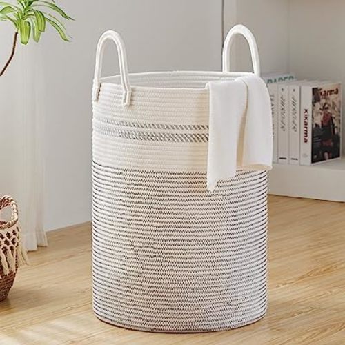 Fiona's magic 58L Woven Rope Laundry Hamper, Tall Boho Laundry Basket Storage, Large Baby Nursery Hamper for Blankets, Toys and Clothes Hamper for Bedroom and Living Room Organizing, Jute, White