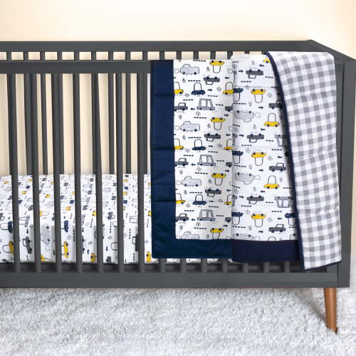 Little Star Organic Baby Nursery Set, 100% Pure Organic Cotton Crib Bedding, 3 Pc, Blue Plaid with Cars