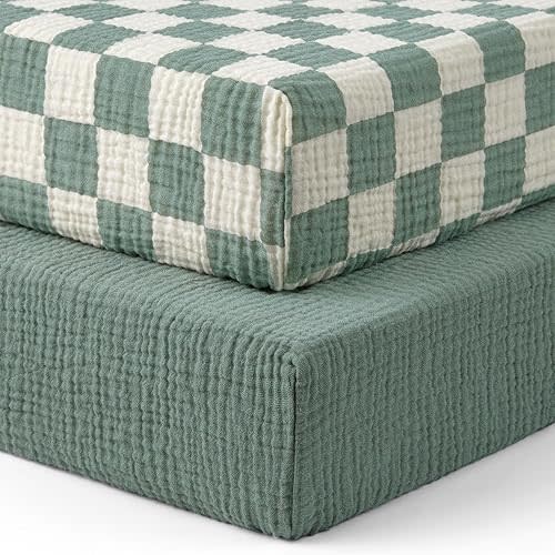 Blissful Diary Muslin Crib Sheets for Girl Boy, Boho Neutral Soft Cotton Baby Sheet for 52''x28'' Standard Crib Mattress, 2 Pack(Sage Checkboard & Sage Green)