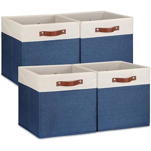Temary Fabric Storage Bins for Cube Organizer 4 Pack Cube Storage Bins 13 Storage Cubes for Shelves Storage Baskets for Organizing Books, Clothes, Towels (White & Blue, 13x13x13 Inch)