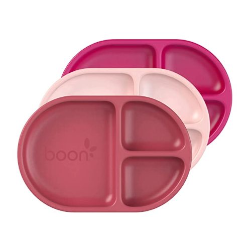 Boon Chow Silicone Plate Set - 3 Unbreakable Divided Toddler Plates - Baby Plates for 6 Months and Up - Baby Led Weaning Supplies - Pink Multicolor - Silicone Plates