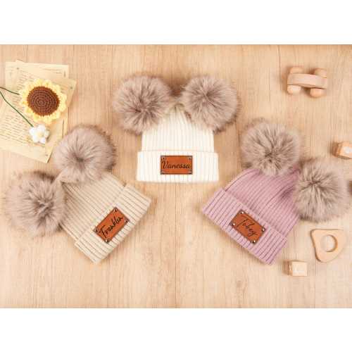 Custom Baby Pom-Pom Hats with Names, Personalized Children's Winter Pom-Pom Hats, Leather Name Patch Pom-Pom Hats, Newborn Beanies