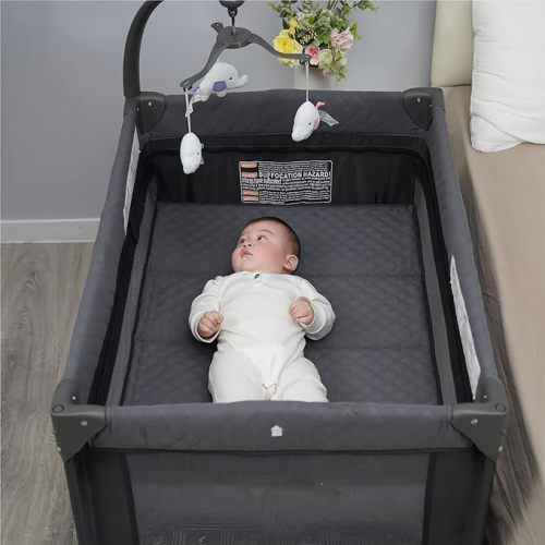Pamo Babe Portable Crib for Baby, Portable Baby Playpen with Bassinet and Changing Table Grey