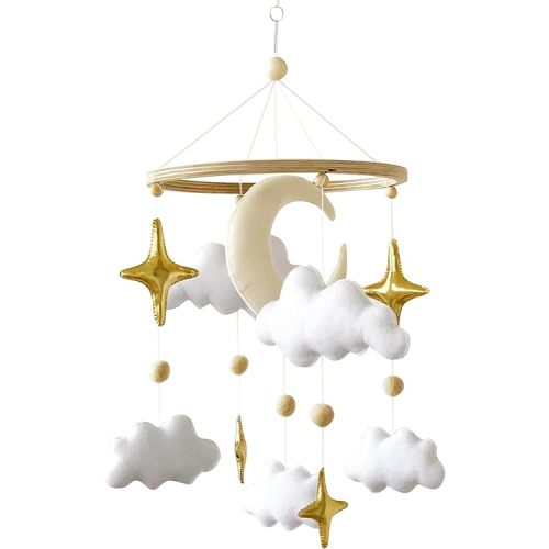 Crib Mobile for Babies - Felt, Gold Stars, White Clouds, and Moon Baby Nursery Mobile for boy or Girl Nursery - Modern Felt Crib Mobile for Baby Shower Gift , or Photoshoot - Movil para Cuna de Bebe